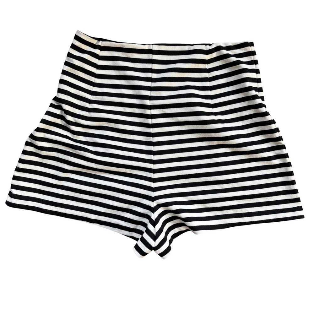 Free People Black White Stripe High Waist Rise Riker Ponte Shorts Small Retro - Picture 2 of 7